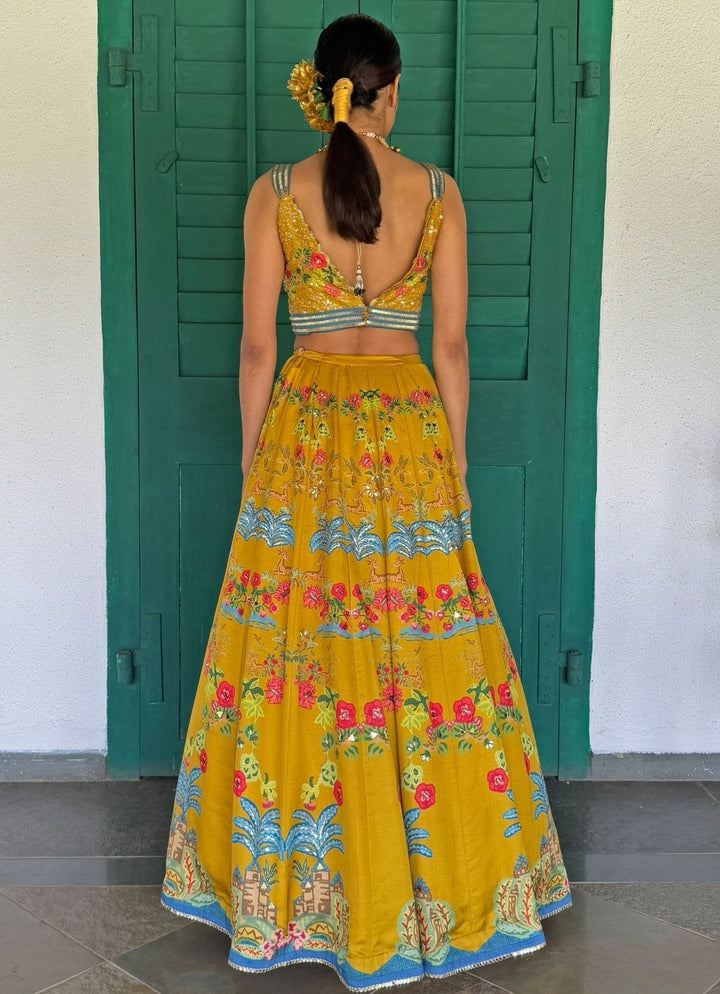 Mustard Yellow Printed Embroidered Lehenga Basil Leaf - Fabilicious Fashion