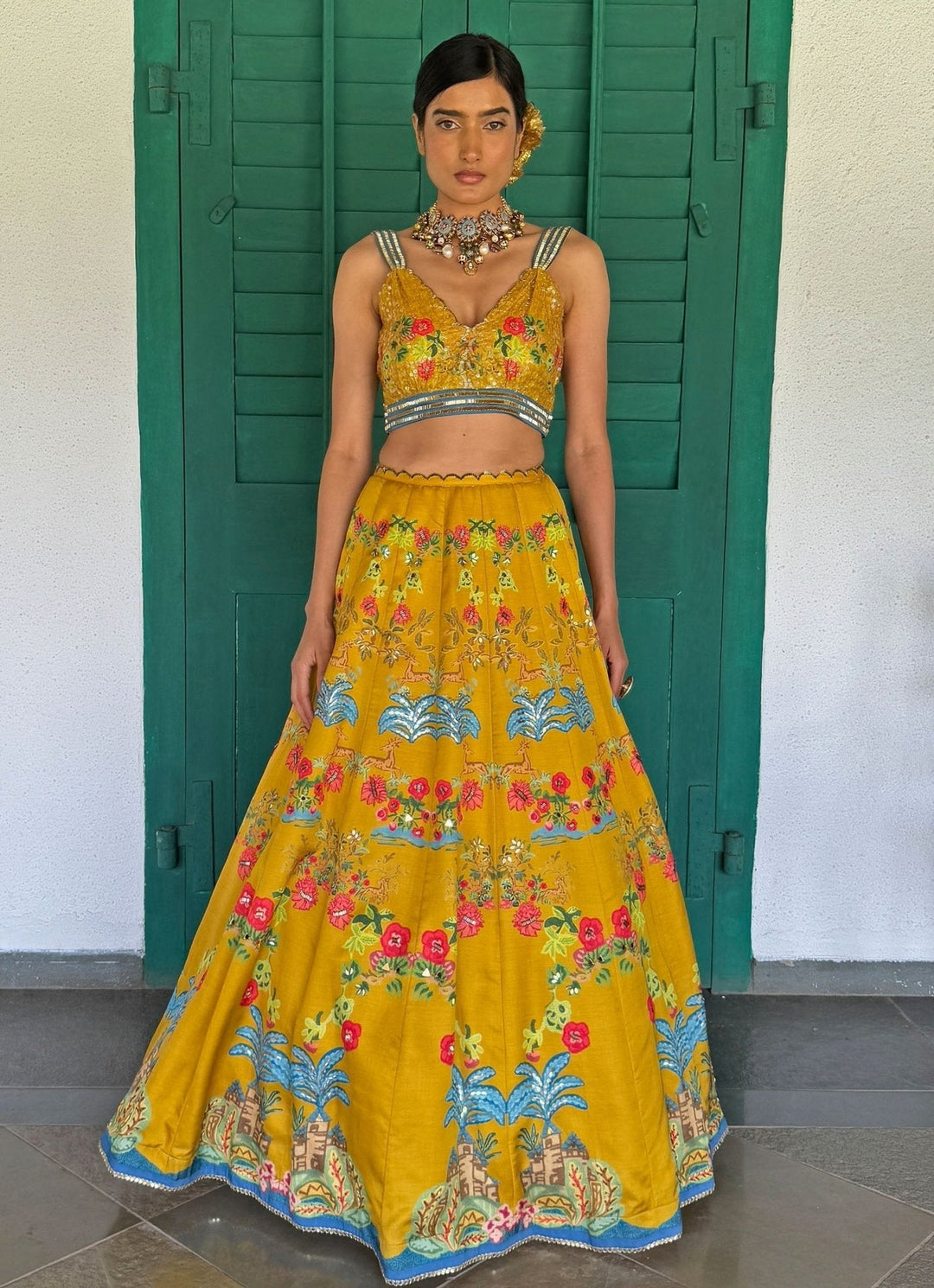 Mustard Yellow Printed Embroidered Lehenga Basil Leaf - Fabilicious Fashion