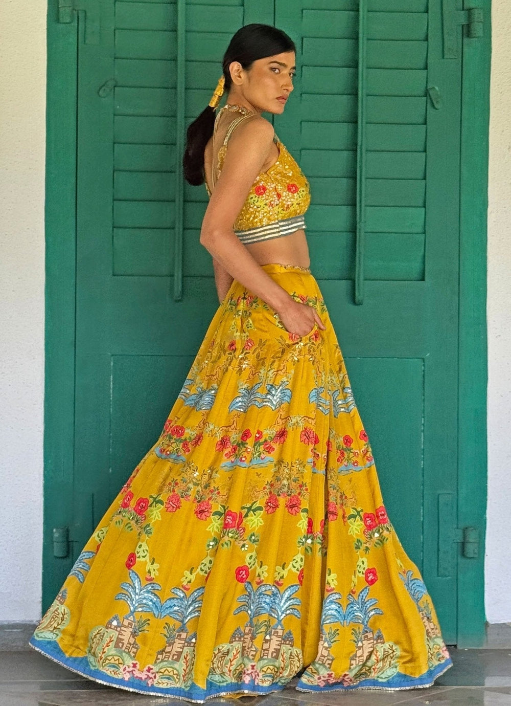 Mustard Yellow Printed Embroidered Lehenga Basil Leaf - Fabilicious Fashion