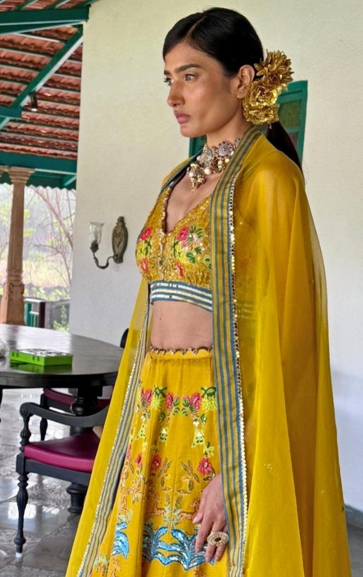Mustard Yellow Printed Embroidered Lehenga Basil Leaf - Fabilicious Fashion