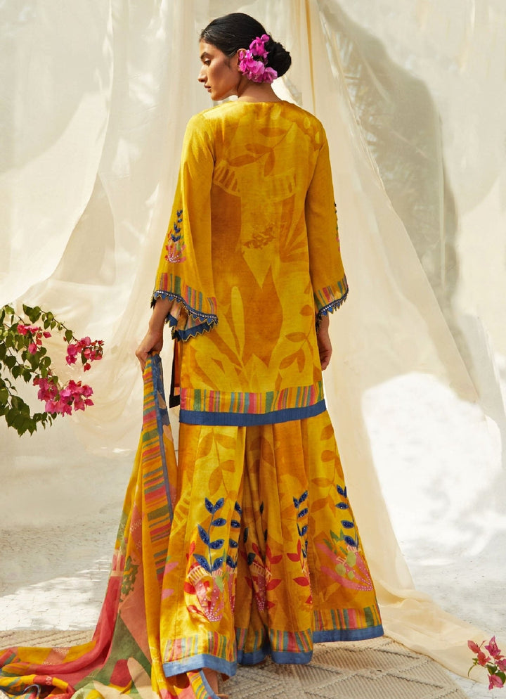 Mustard Yellow Printed Kurta Sharara Set Basil Leaf - Fabilicious Fashion