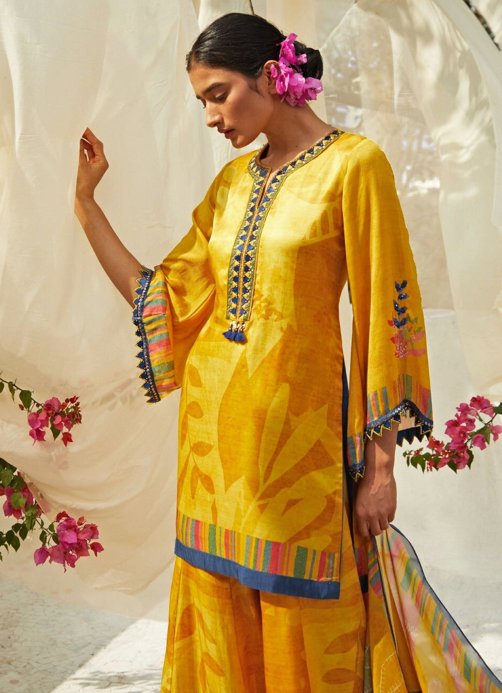 Mustard Yellow Printed Kurta Sharara Set Basil Leaf - Fabilicious Fashion