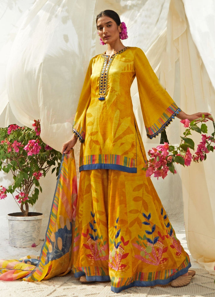 Mustard Yellow Printed Kurta Sharara Set Basil Leaf - Fabilicious Fashion
