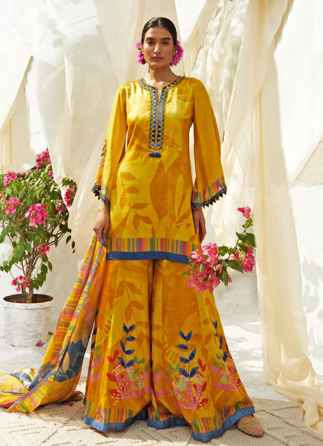 Mustard Yellow Printed Kurta Sharara Set Basil Leaf - Fabilicious Fashion