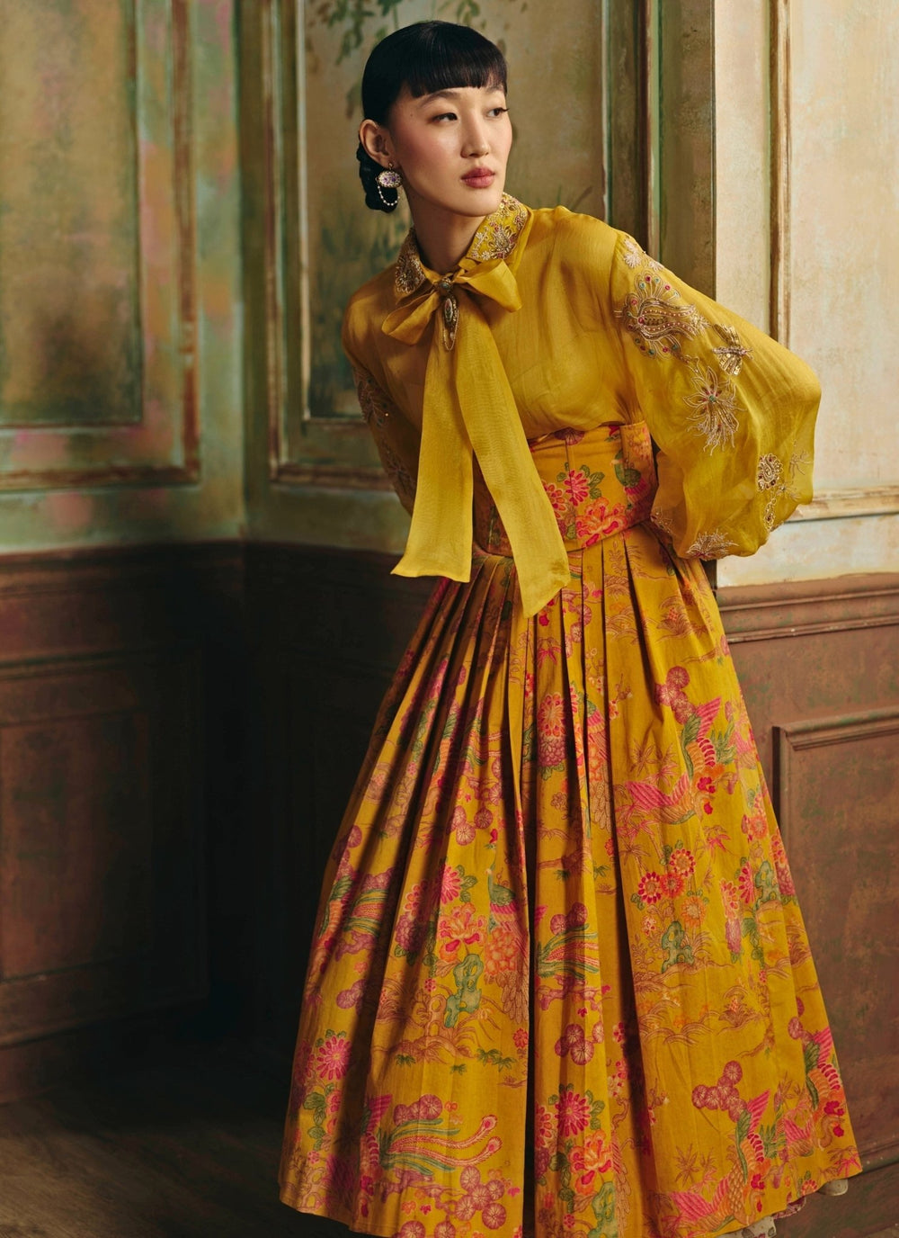 Paulmi and Harsh Mustard Yellow Printed Lycra Skirt SetFabilicious Fashion