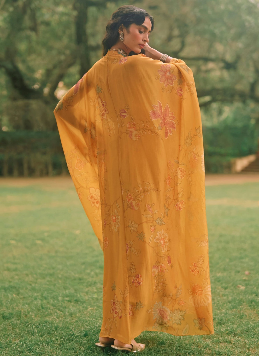 Paulmi and Harsh Mustard Yellow Printed Organza KaftanFabilicious Fashion