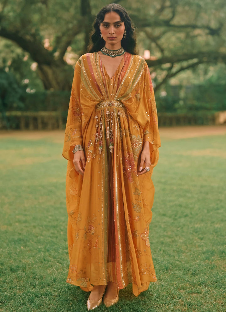 Paulmi and Harsh Mustard Yellow Printed Organza KaftanFabilicious Fashion