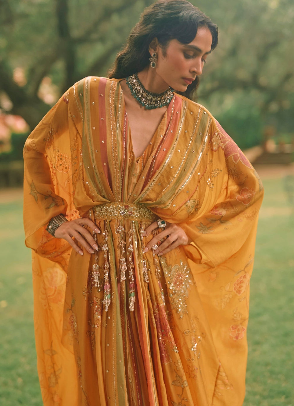 Paulmi and Harsh Mustard Yellow Printed Organza KaftanFabilicious Fashion