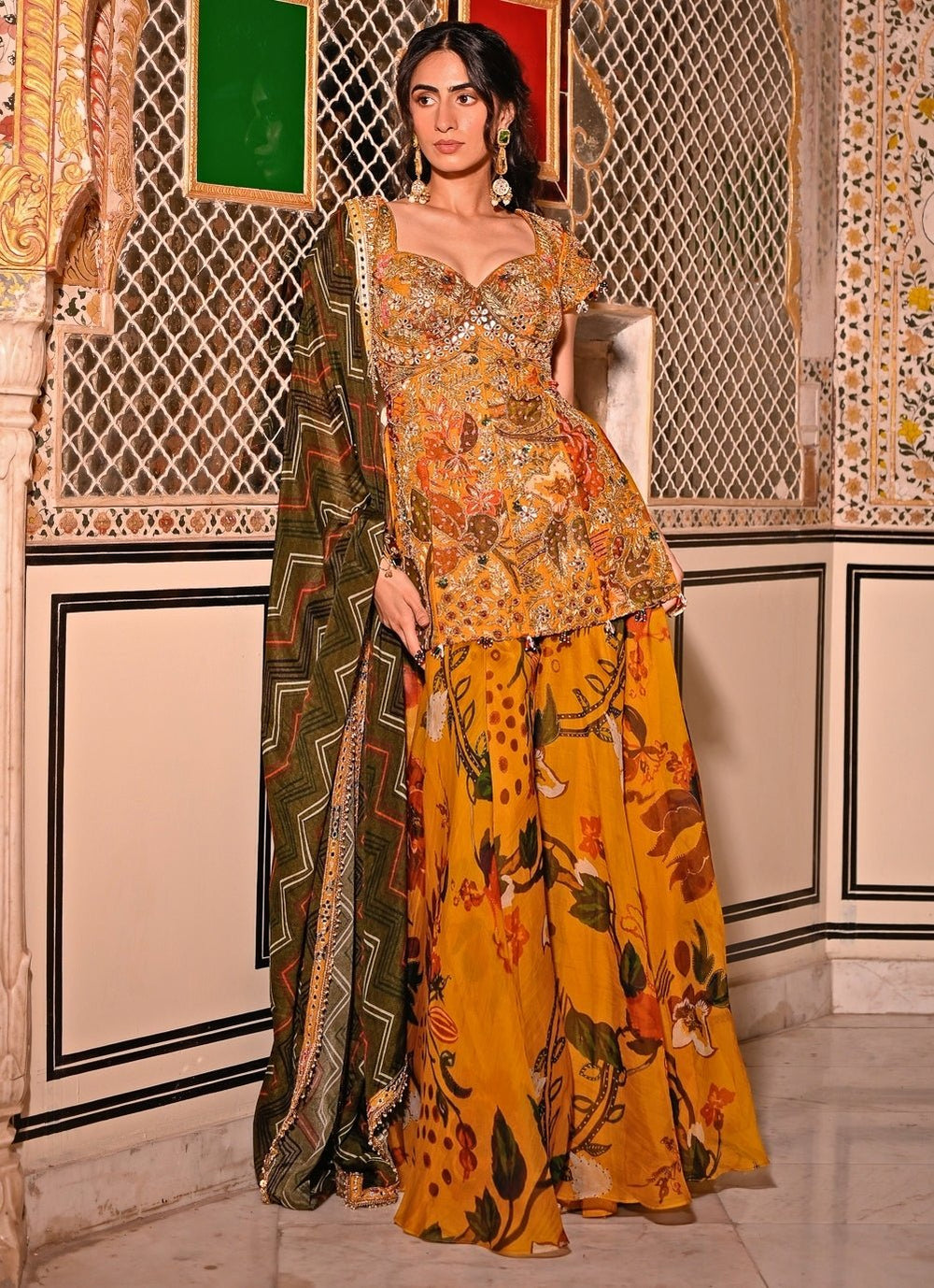 Juhi Bengani Mustard Yellow Printed Organza Kurta Lehenga SetFabilicious Fashion