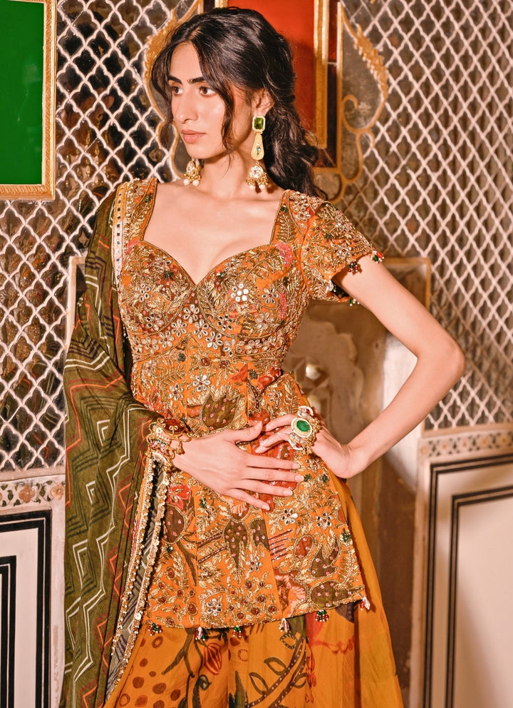 Juhi Bengani Mustard Yellow Printed Organza Kurta Lehenga SetFabilicious Fashion
