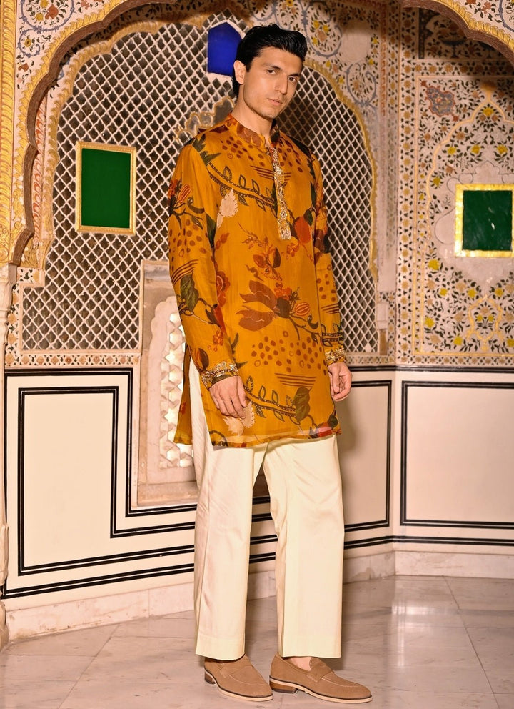 Juhi Bengani - Men Mustard Yellow Printed Organza Kurta Pants SetFabilicious Fashion