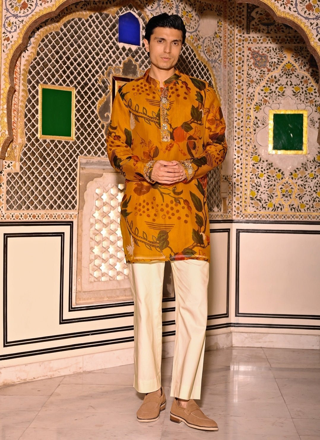 Juhi Bengani - Men Mustard Yellow Printed Organza Kurta Pants SetFabilicious Fashion