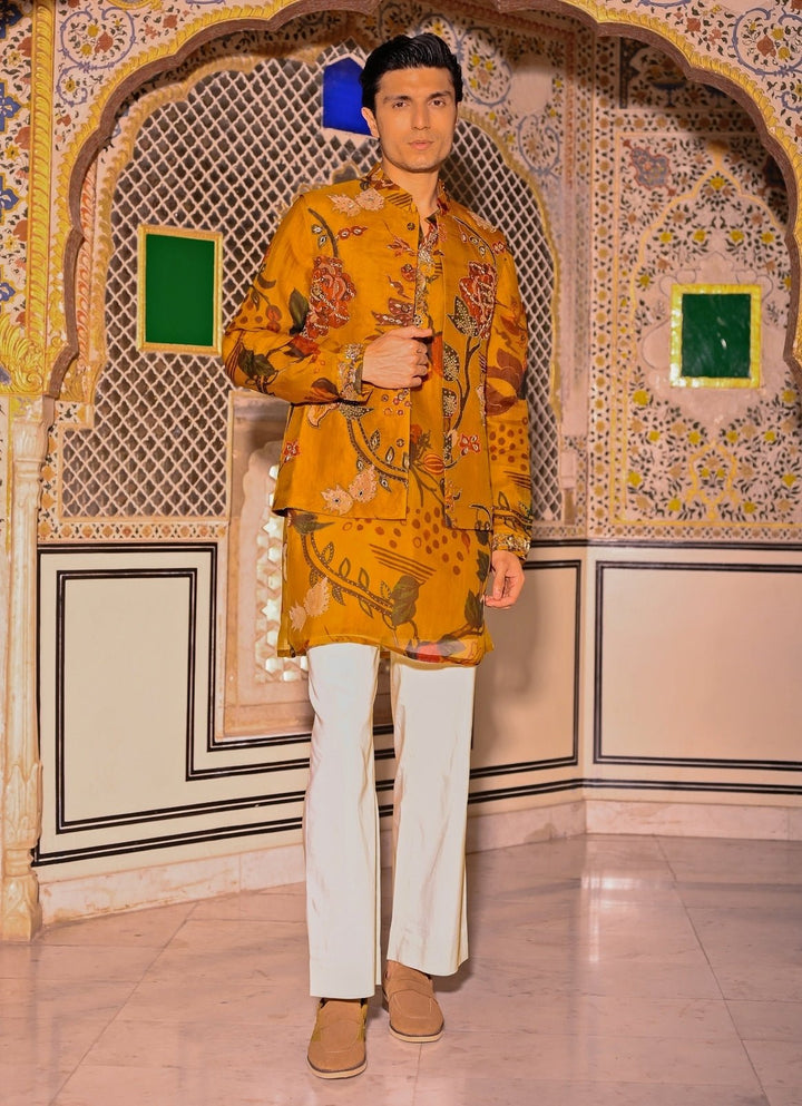 Juhi Bengani - Men Mustard Yellow Printed Organza Kurta Set with BundiFabilicious Fashion
