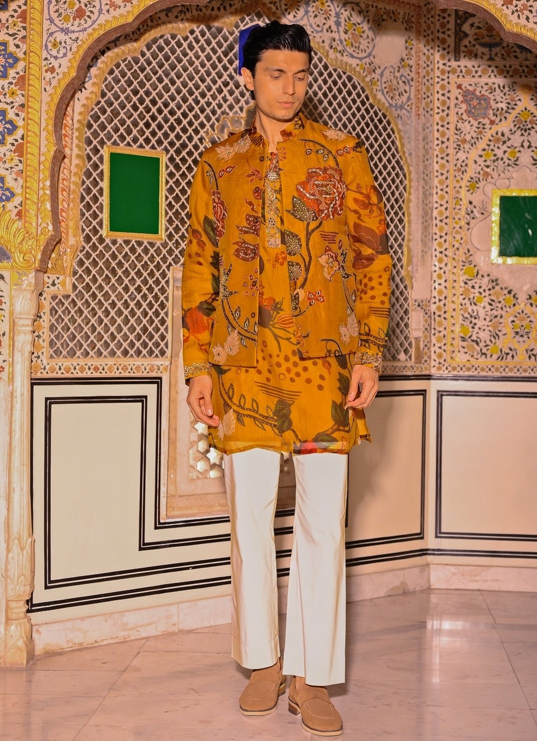 Juhi Bengani - Men Mustard Yellow Printed Organza Kurta Set with BundiFabilicious Fashion