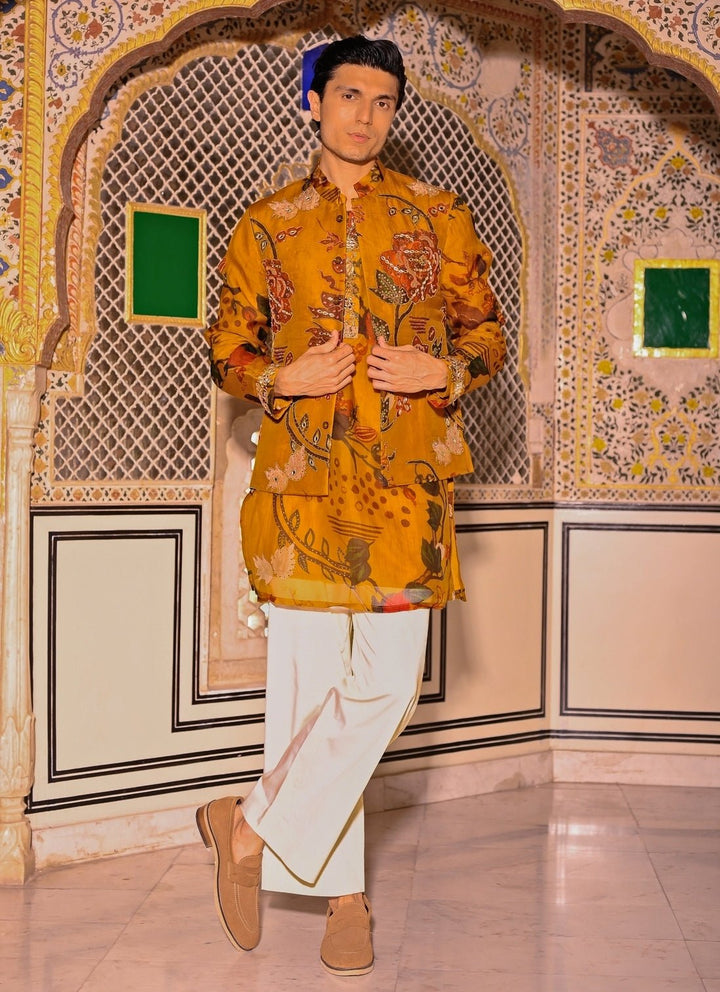 Juhi Bengani - Men Mustard Yellow Printed Organza Kurta Set with BundiFabilicious Fashion