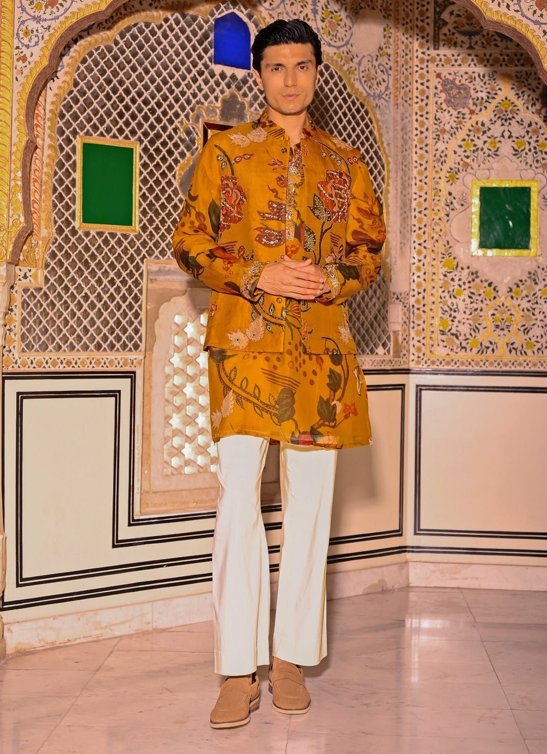 Juhi Bengani - Men Mustard Yellow Printed Organza Kurta Set with BundiFabilicious Fashion