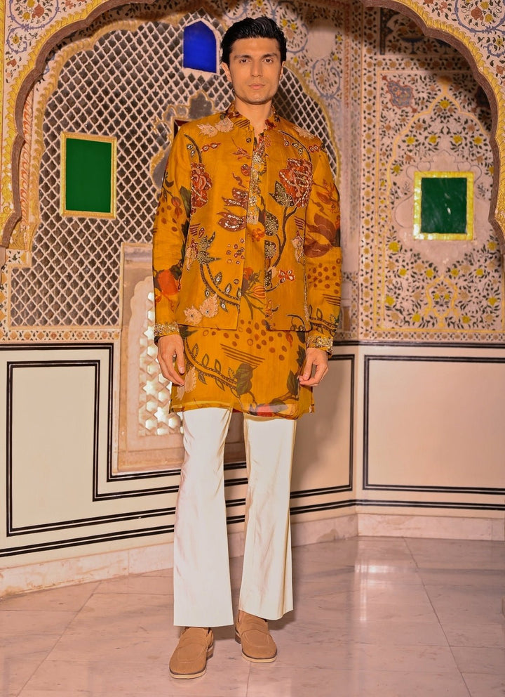 Juhi Bengani - Men Mustard Yellow Printed Organza Kurta Set with BundiFabilicious Fashion