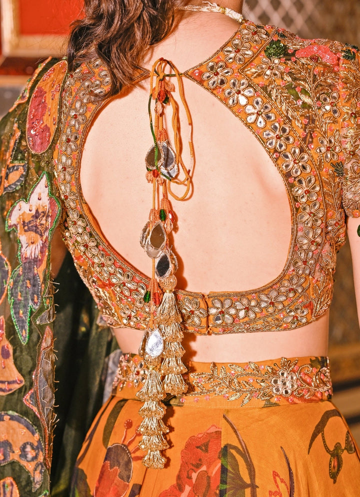 Juhi Bengani Mustard Yellow Printed Organza Lehenga Set With CapeFabilicious Fashion