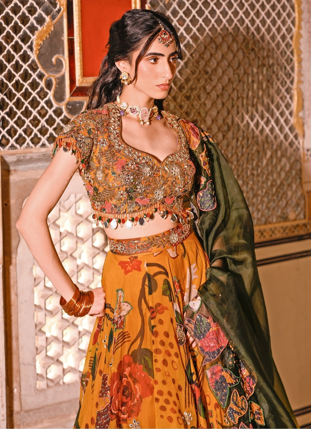 Juhi Bengani Mustard Yellow Printed Organza Lehenga Set With CapeFabilicious Fashion