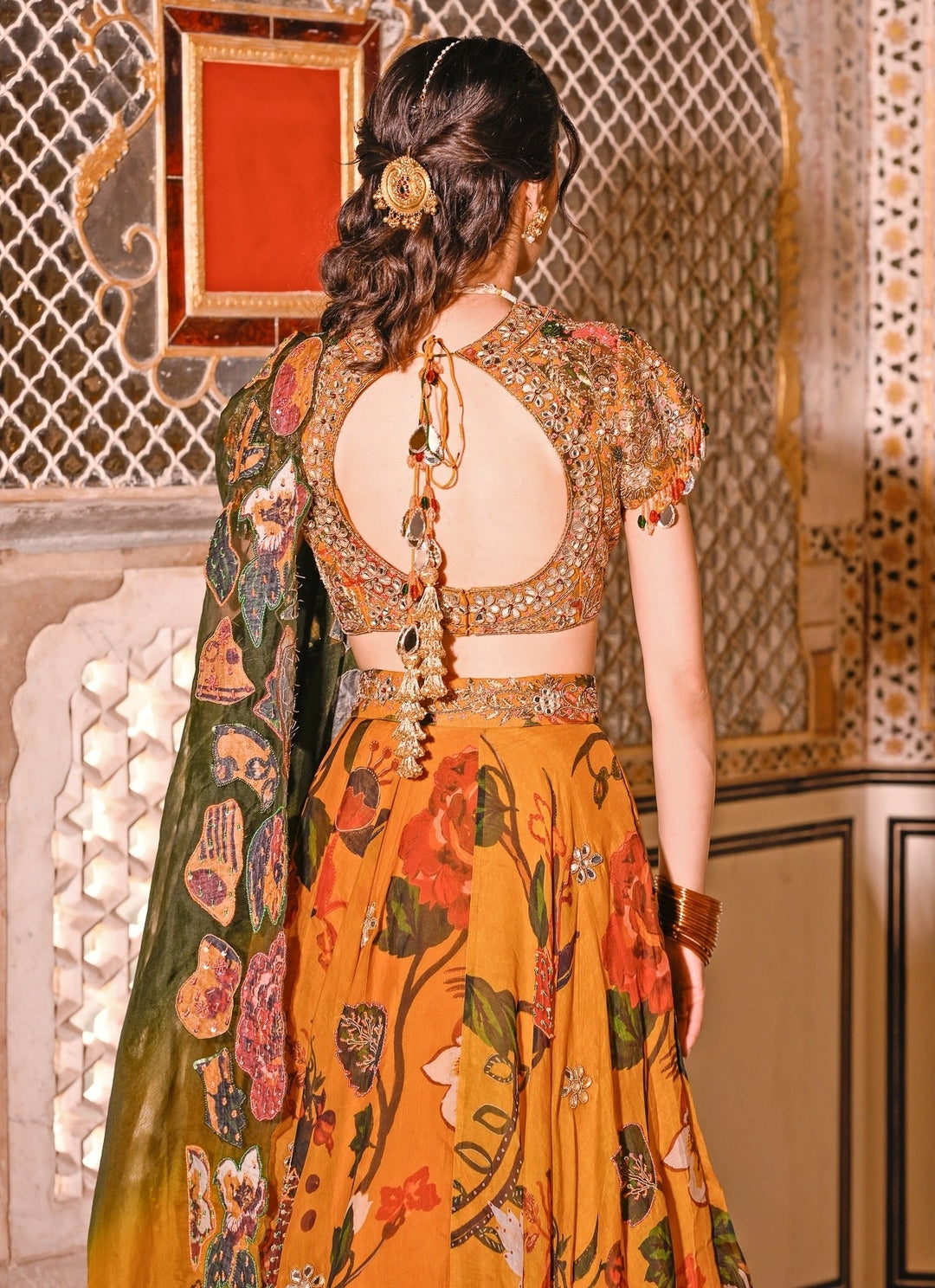 Juhi Bengani Mustard Yellow Printed Organza Lehenga Set With CapeFabilicious Fashion