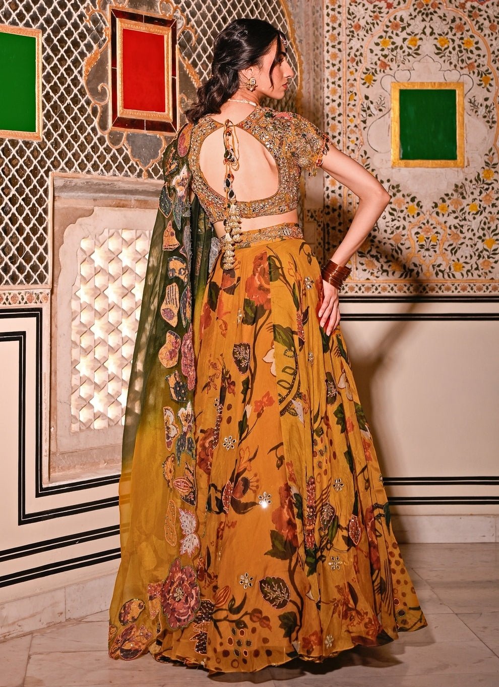 Juhi Bengani Mustard Yellow Printed Organza Lehenga Set With CapeFabilicious Fashion