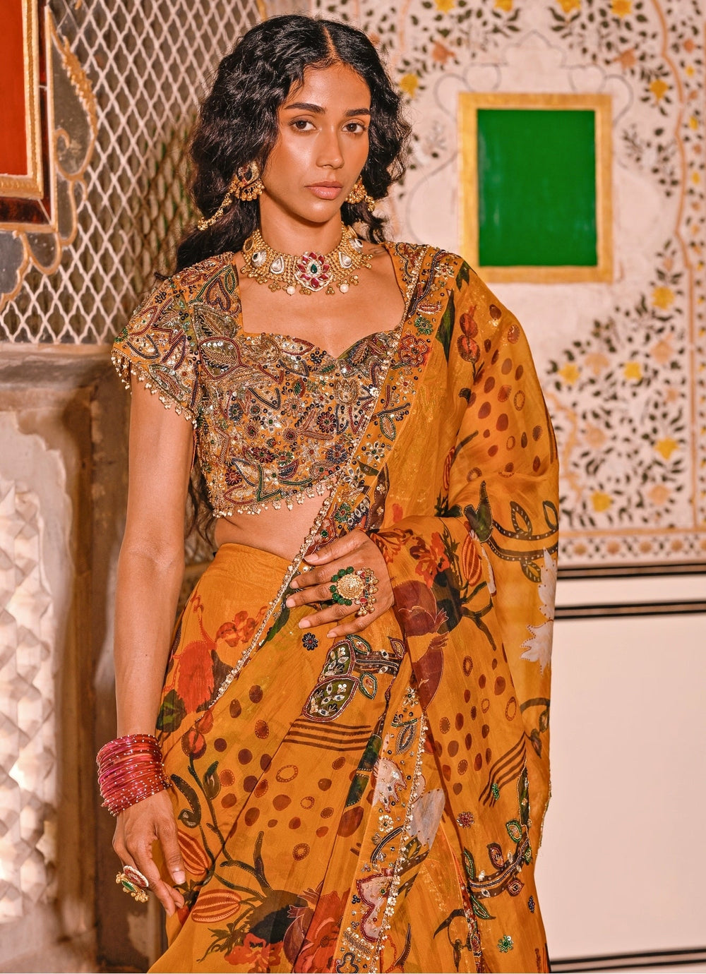 Juhi Bengani Mustard Yellow Printed Organza Pre-Draped SareeFabilicious Fashion