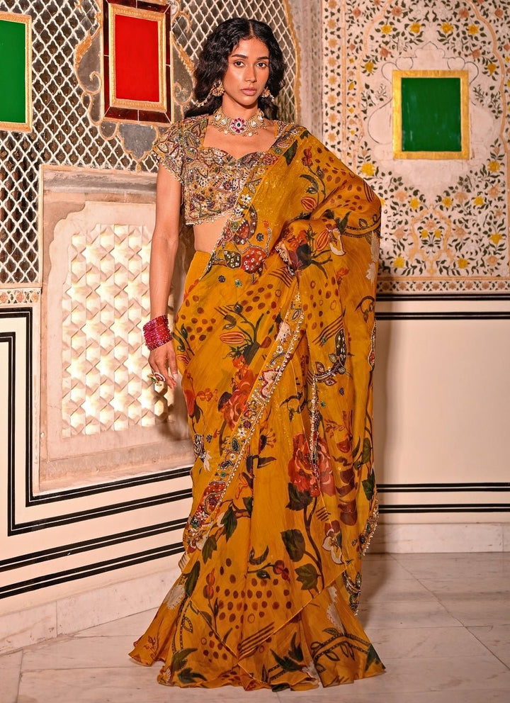 Juhi Bengani Mustard Yellow Printed Organza Pre-Draped SareeFabilicious Fashion