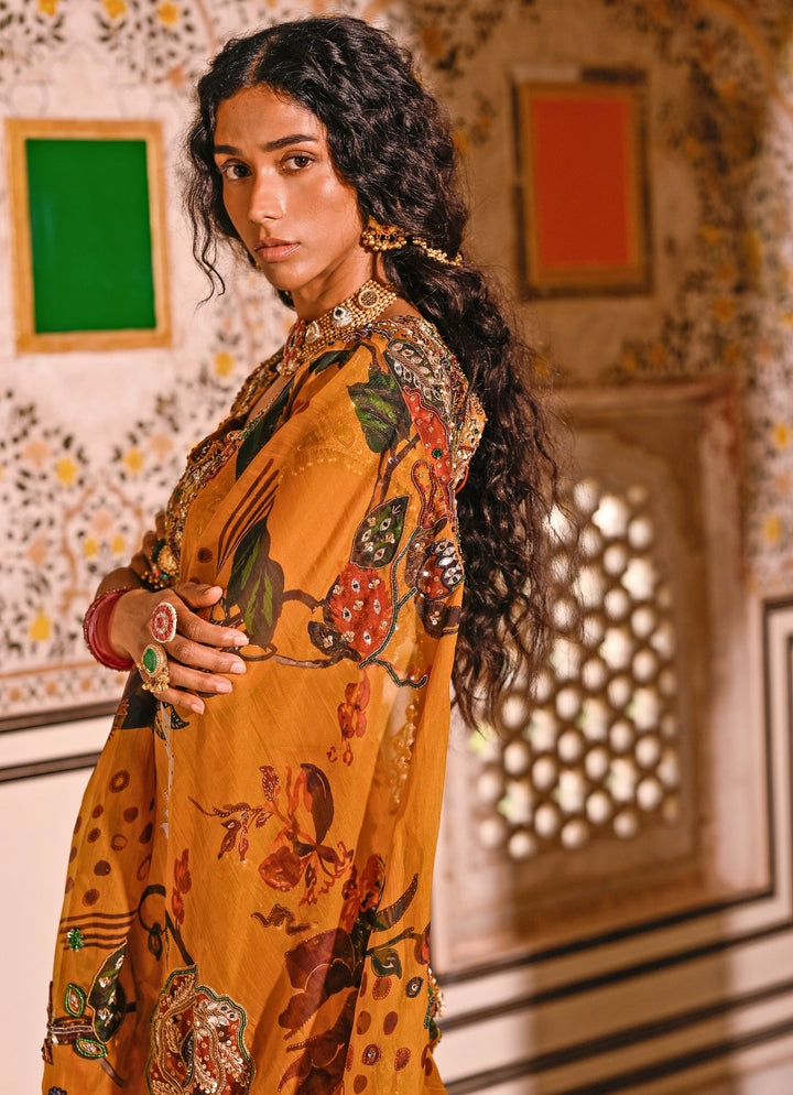Juhi Bengani Mustard Yellow Printed Organza Pre-Draped SareeFabilicious Fashion