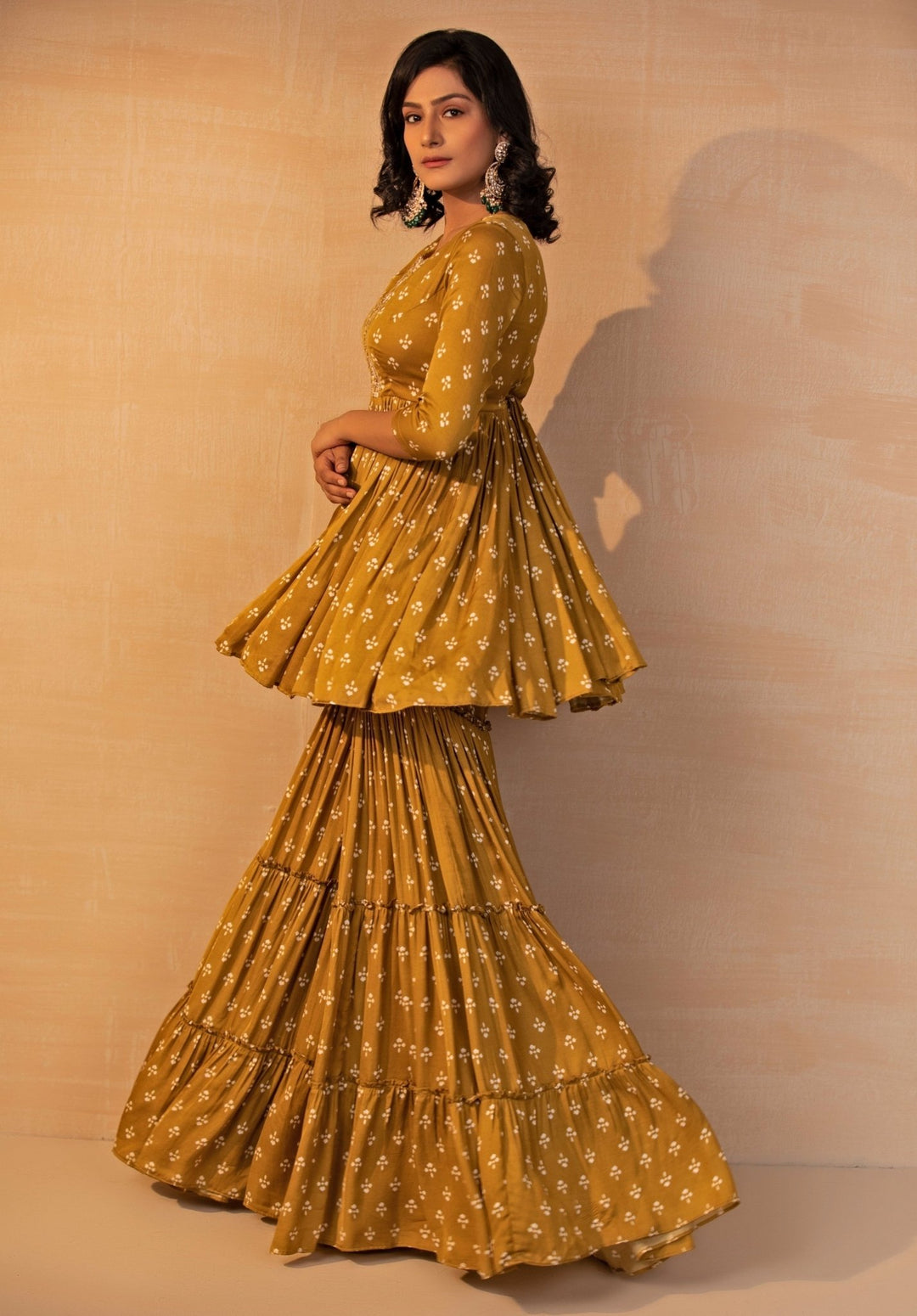 Esha Koul Mustard Yellow Printed Satin Kurta Sharara SetFabilicious Fashion