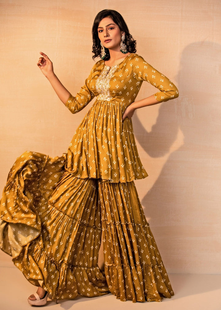 Esha Koul Mustard Yellow Printed Satin Kurta Sharara SetFabilicious Fashion