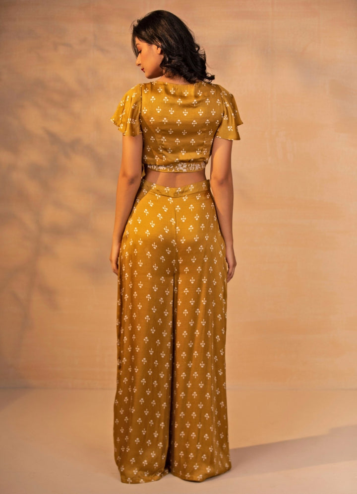 Mustard Yellow Printed Satin Pants Set Esha Koul - Fabilicious Fashion