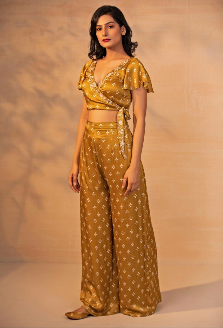 Mustard Yellow Printed Satin Pants Set Esha Koul - Fabilicious Fashion