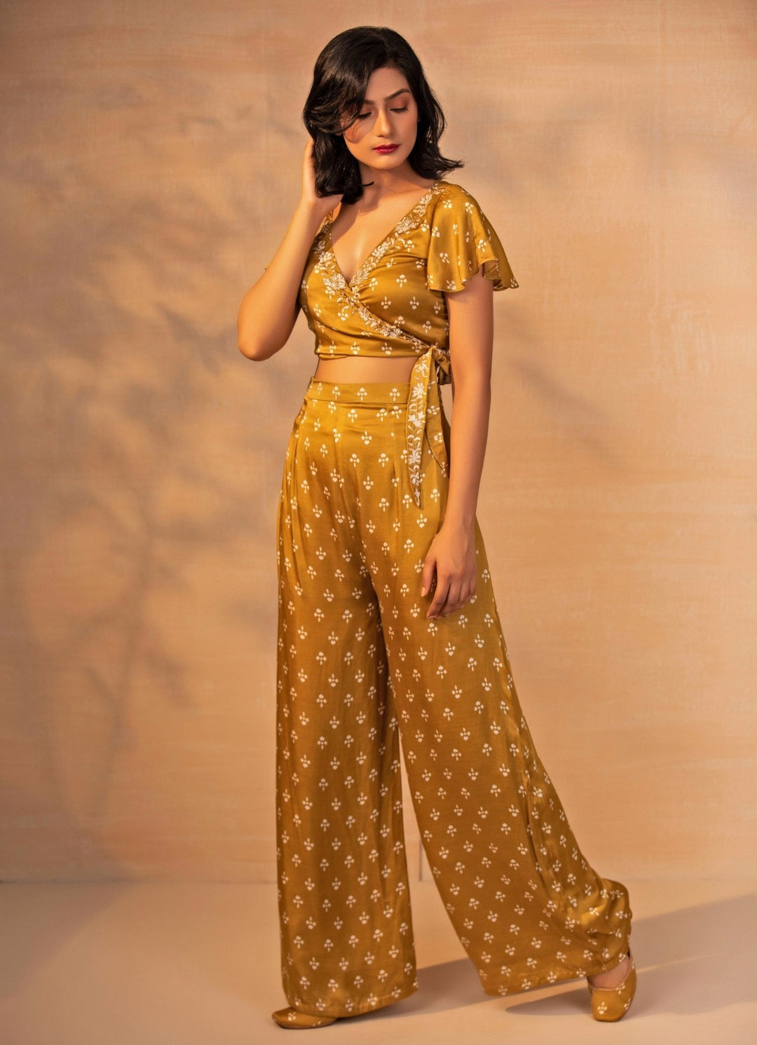 Mustard Yellow Printed Satin Pants Set Esha Koul - Fabilicious Fashion