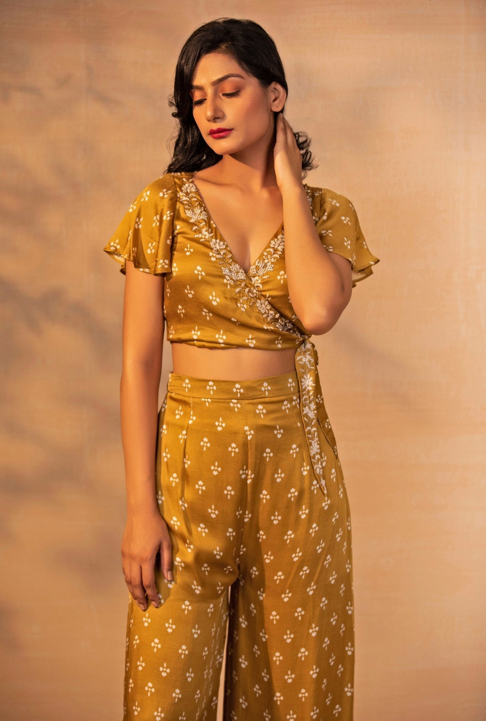Mustard Yellow Printed Satin Pants Set Esha Koul - Fabilicious Fashion