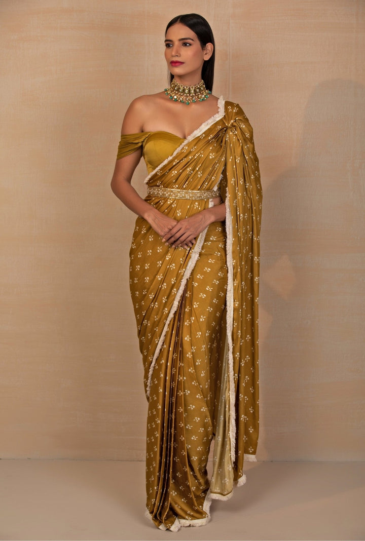 Mustard Yellow Printed Satin Pre - Draped Saree With Corset Esha Koul - Fabilicious Fashion