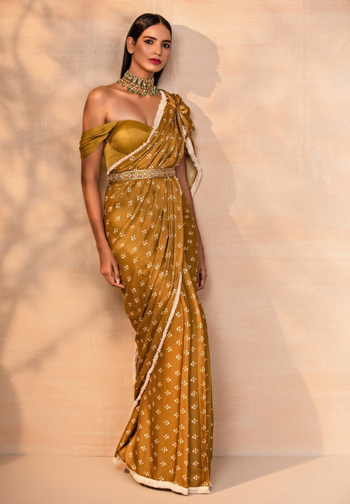 Mustard Yellow Printed Satin Pre - Draped Saree With Corset Esha Koul - Fabilicious Fashion