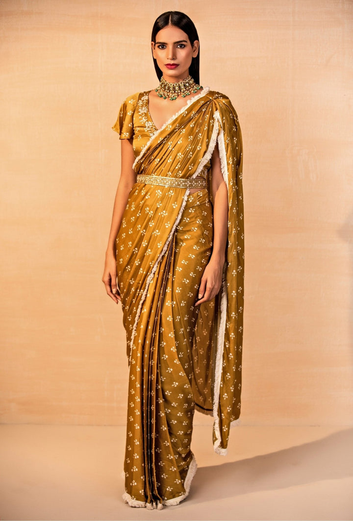 Mustard Yellow Printed Satin Pre - Draped Saree Esha Koul - Fabilicious Fashion