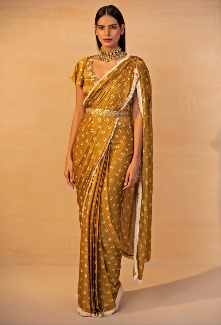 Mustard Yellow Printed Satin Pre - Draped Saree Esha Koul - Fabilicious Fashion