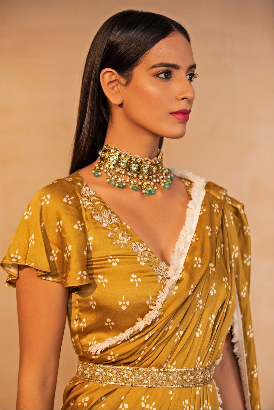 Mustard Yellow Printed Satin Pre - Draped Saree Esha Koul - Fabilicious Fashion