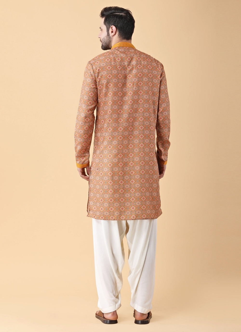 Mustard Yellow Printed Silk Kurta Pants Set Manish Nagdeo Men - Fabilicious Fashion