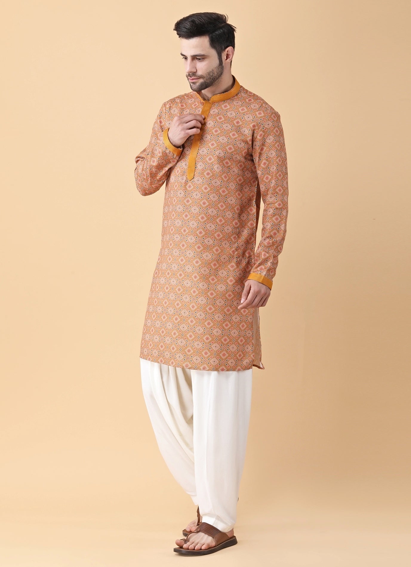 Printed silk kurta set for wedding guest outfit