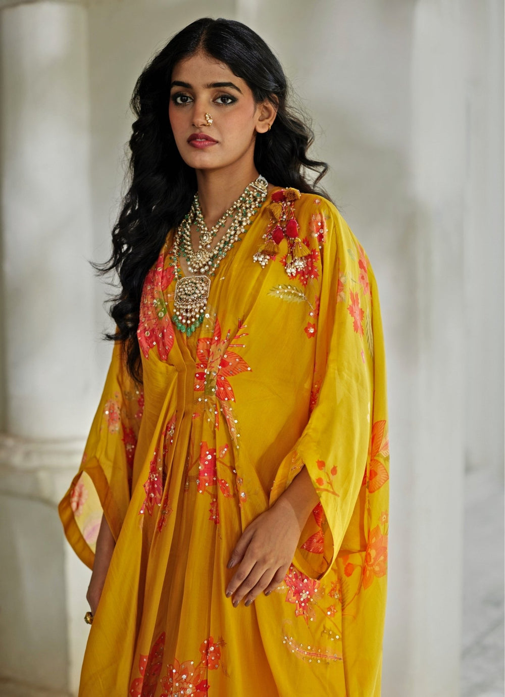 Mustard Yellow Printed Silk Organza Kaftan Paulmi and Harsh - Fabilicious Fashion