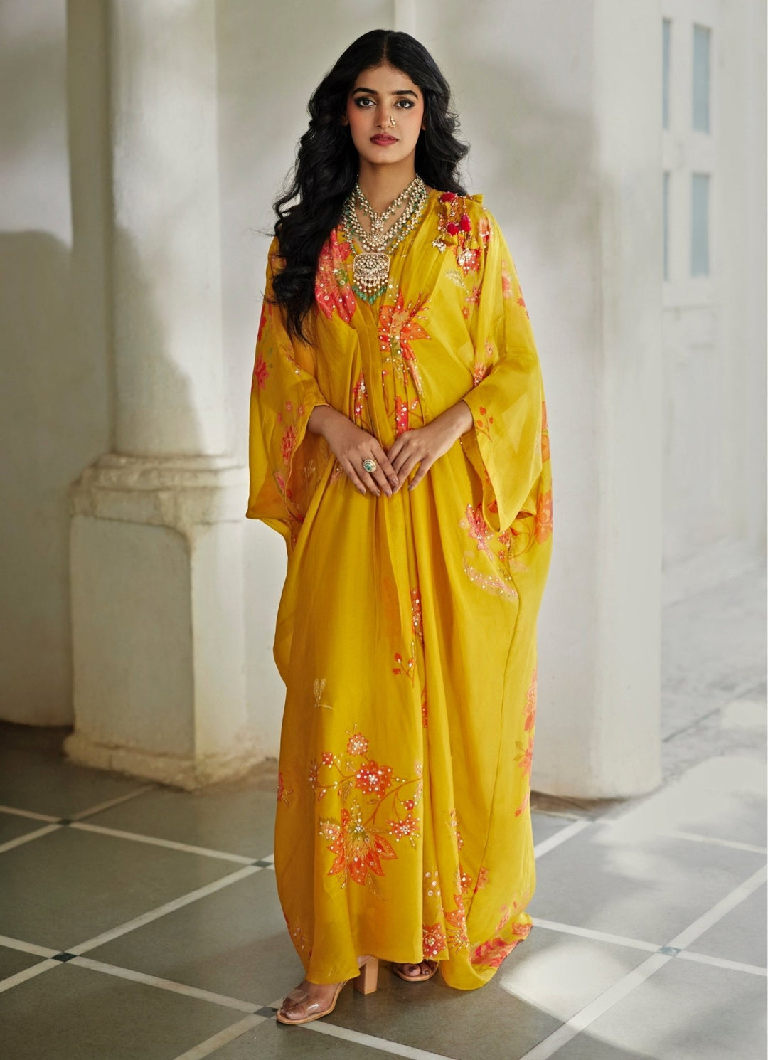 Mustard Yellow Printed Silk Organza Kaftan Paulmi and Harsh - Fabilicious Fashion