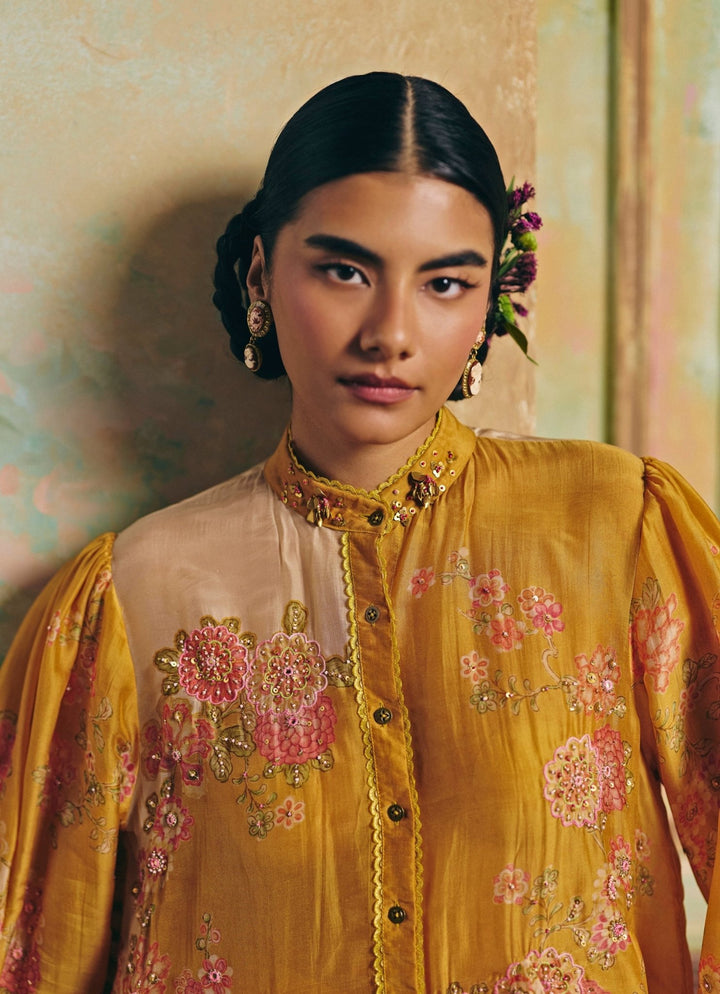 Paulmi and Harsh Mustard Yellow Printed Silk Shirt Pants SetFabilicious Fashion