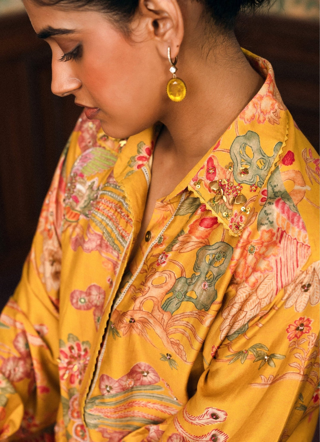 Paulmi and Harsh Mustard Yellow Printed Silk ShirtFabilicious Fashion