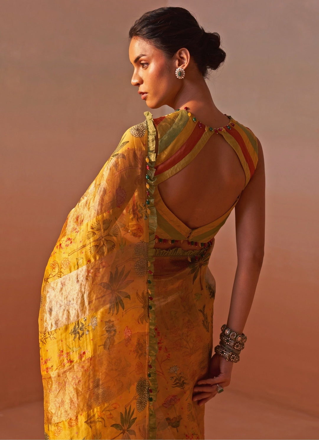Nitika Gujral Mustard Yellow Printed Tissue Organza SareeFabilicious Fashion