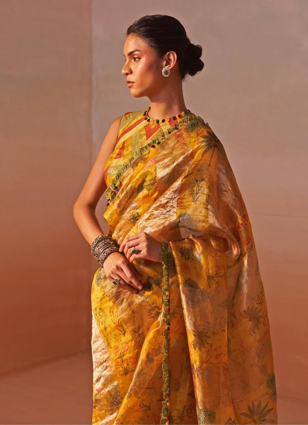 Nitika Gujral Mustard Yellow Printed Tissue Organza SareeFabilicious Fashion