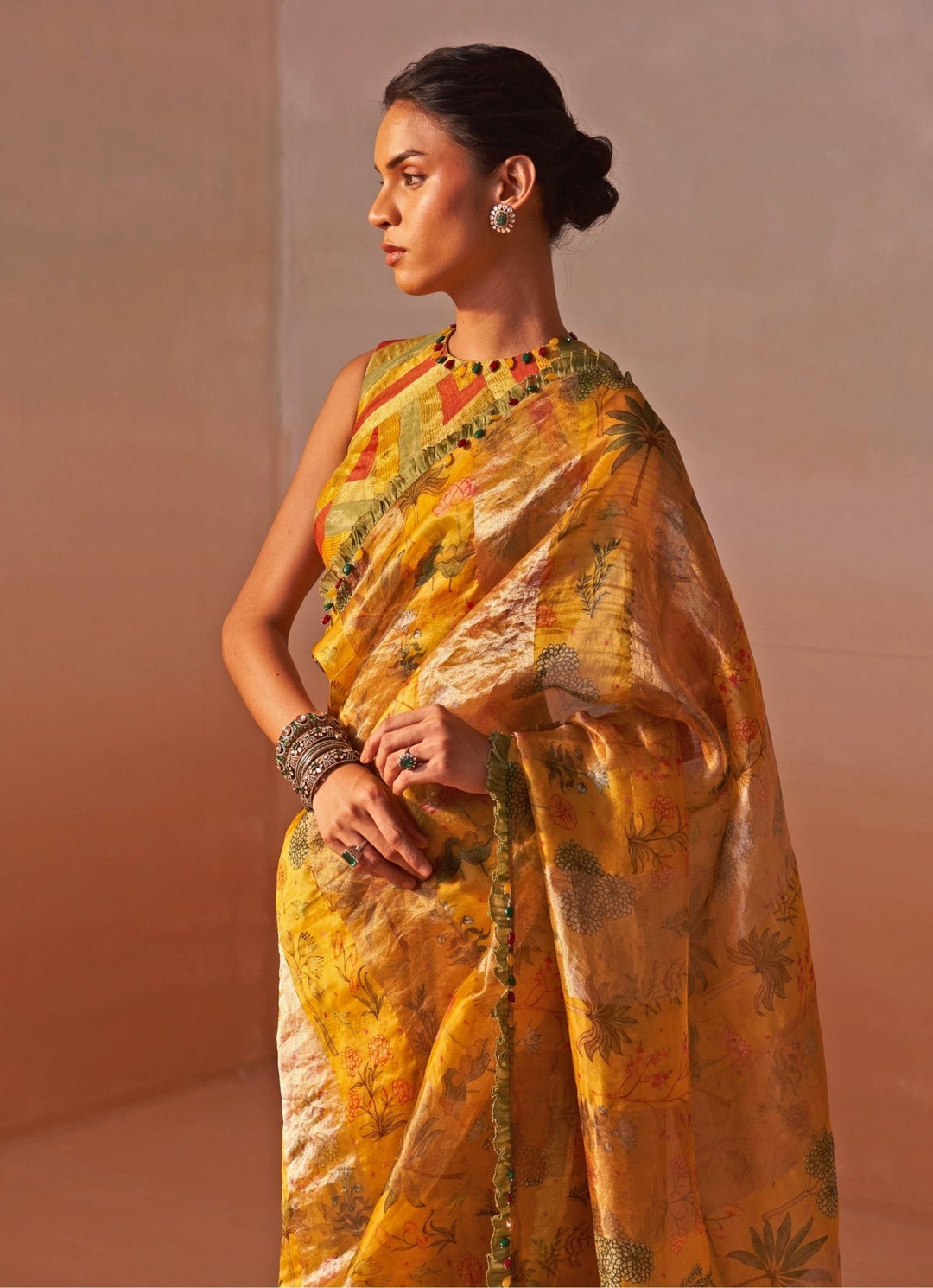 Nitika Gujral Mustard Yellow Printed Tissue Organza SareeFabilicious Fashion