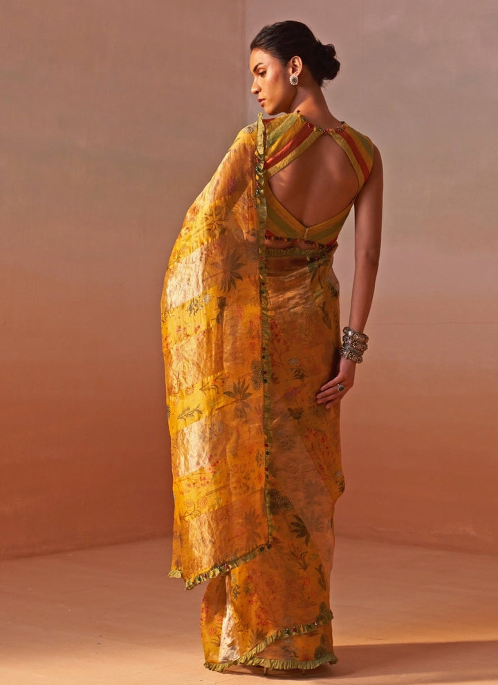 Nitika Gujral Mustard Yellow Printed Tissue Organza SareeFabilicious Fashion