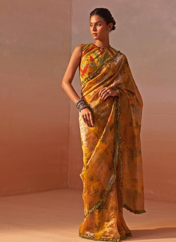 Nitika Gujral Mustard Yellow Printed Tissue Organza SareeFabilicious Fashion